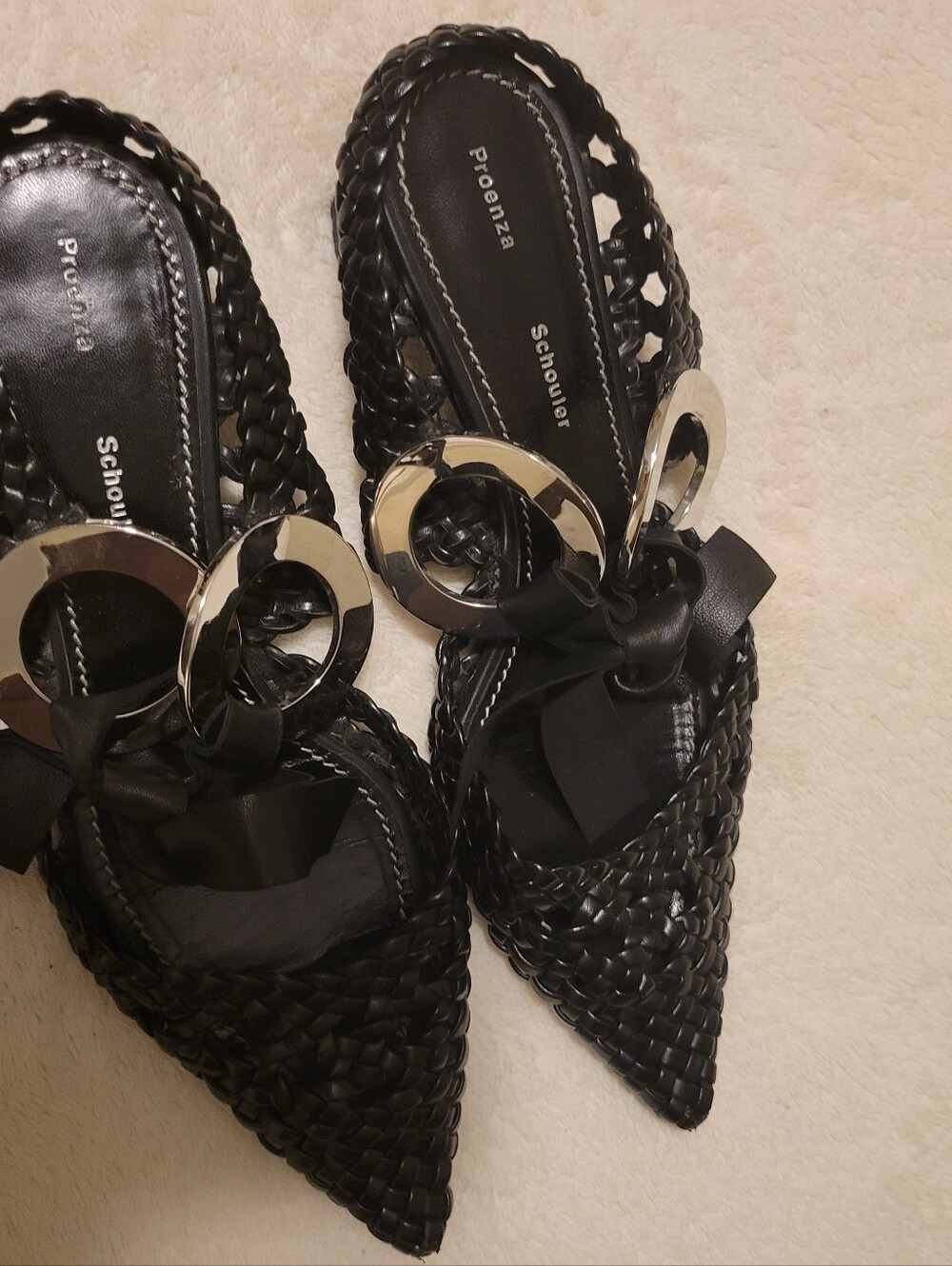Proenza Schouler Black Woven Pointed-Toe Slip-On Mules with Silver Rings - Picture 3 of 4